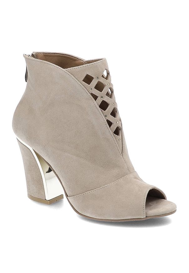 DAMISS - Beżowe Botki Damiss Eleganckie Skórzane Buty Damskie. Nosek buta: otwarty. Zapięcie: zamek. Kolor: beżowy. Szerokość cholewki: normalna. Wzór: geometria. Materiał: skóra. Obcas: na obcasie. Styl: elegancki. Wysokość obcasa: średni