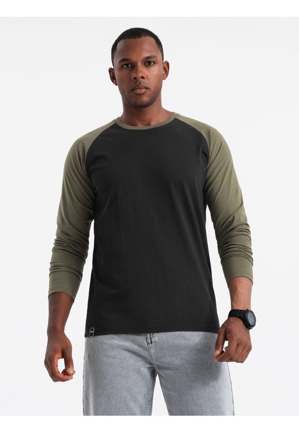 Ombre Clothing - Męski longsleeve z raglanowymi kontrastowymi rękawami – czarno-oliwkowy V3 - Rozmiar: L. Okazja: na co dzień. Kolor: czarny. Materiał: dzianina, skóra, materiał, jersey, bawełna. Długość rękawa: długi rękaw. Wzór: ze splotem. Styl: casual, klasyczny