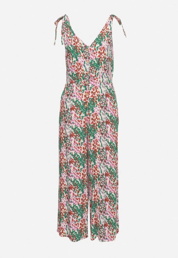 Born2be - Zielony Kombinezon z Długimi Nogawkami Wiązanymi Ramiączkami i Abstrakcyjnym Printem Izara. Okazja: na imprezę, na co dzień, na spacer. Kolor: zielony. Materiał: wiskoza. Długość rękawa: na ramiączkach. Długość: długie. Wzór: nadruk. Sezon: lato. Styl: casual, elegancki