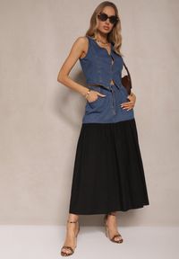 Renee - Niebieski Jeansowy Komplet z Wiskozy Kamizelka i Zwiewna Spódnica Calmoi. Kolor: niebieski. Materiał: jeans, wiskoza #5