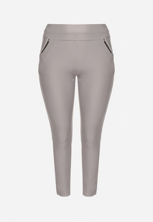 Born2be - Szare Spodnie z Gumką w Pasie z Cyrkoniami Slim Ellivna. Okazja: na co dzień. Kolekcja: plus size. Kolor: szary. Styl: klasyczny, elegancki, casual