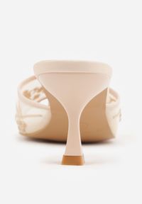 Renee - Beżowe Siateczkowe Klapki na Metalicznej Szpilce z Imitacją Pereł i Haftem w Kwiaty Polia. Kolor: beżowy. Materiał: satyna, tiul. Wzór: haft, kwiaty. Styl: glamour, elegancki #4