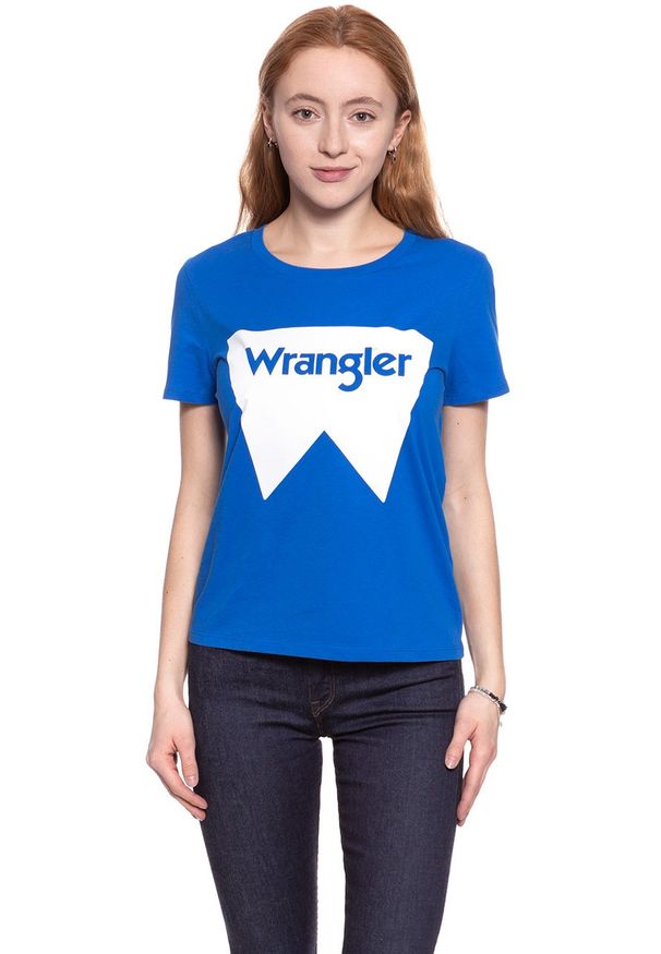 Wrangler - WRANGLER T SHIRT DAMSKI FESTIVAL TEE VICTORIA BLUE W7016EVJS. Wzór: nadruk