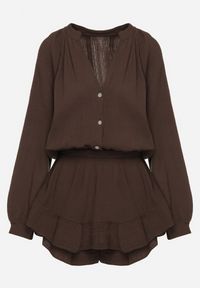 Born2be - Brązowy Bawełniany Kombinezon z Elastyczną Gumką w Talii i Spódnico-Spodenkami Gleasea. Okazja: na co dzień. Kolor: brązowy. Materiał: bawełna. Styl: casual, elegancki #7