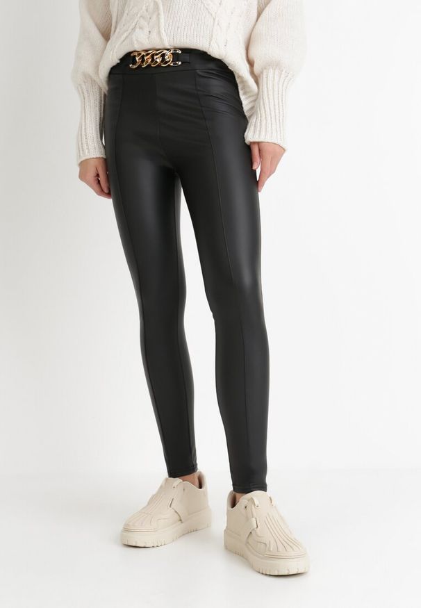 Born2be - Czarne Legginsy Agane. Kolor: czarny. Materiał: polar. Wzór: aplikacja