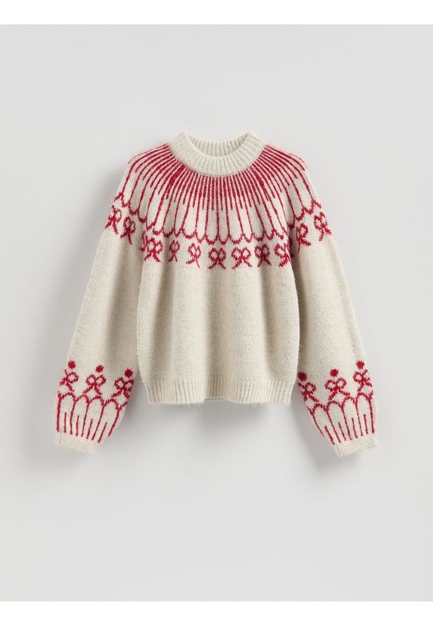 Reserved - Wzorzysty sweter - beżowy. Kolor: beżowy. Materiał: wełna, dzianina