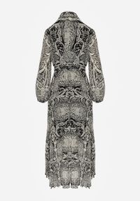 Renee - Beżowo-Czarna Sukienka Rozkloszowana z Wiązanym Paskiem Blerore. Kolor: beżowy. Materiał: materiał. Typ sukienki: koszulowe. Długość: maxi #4