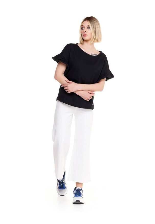 LEONE 1947 APPAREL - Błyszcząca damska koszulka z krótkim rękawem i falbaną. Kolor: czarny. Materiał: tkanina. Długość rękawa: krótki rękaw. Długość: krótkie. Sport: fitness