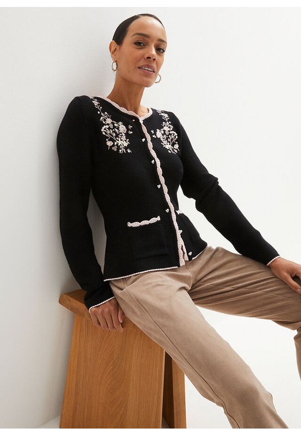 bonprix - Sweter rozpinany w ludowym stylu. Kolor: czarny