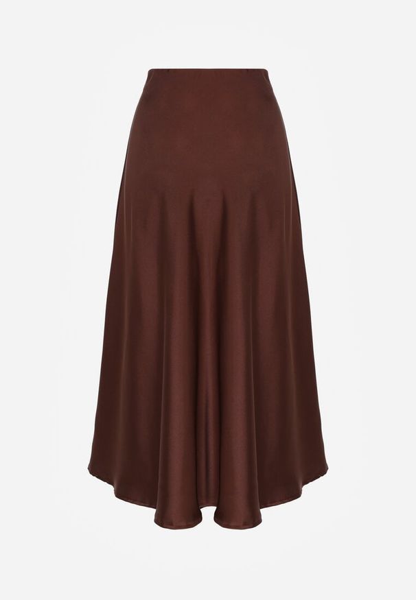 Born2be - Brązowa Rozkloszowana Midi Spódnica Satynowa Zapinana na Suwak z Gumką w Pasie Williwarne. Okazja: do pracy, na co dzień, na spotkanie biznesowe. Kolor: brązowy. Materiał: satyna. Styl: biznesowy, casual