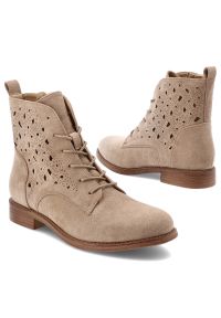 Beżowe Botki S.Barski Stylowe Ażurowe Obuwie Damskie. Zapięcie: sznurówki. Kolor: beżowy. Materiał: zamsz, materiał. Szerokość cholewki: normalna. Wzór: ażurowy. Obcas: na obcasie. Styl: elegancki. Wysokość obcasa: średni #3