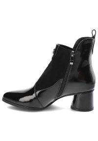 Czarne Botki S.Barski Damskie Modne Obuwie. Zapięcie: zamek. Kolor: czarny. Materiał: skóra ekologiczna, lakier, materiał. Obcas: na obcasie. Styl: klasyczny, elegancki. Wysokość obcasa: średni #5