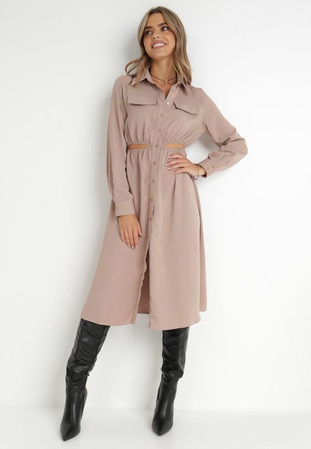 Born2be - Beżowa Sukienka Koszulowa Pildia. Okazja: na co dzień. Kolor: beżowy. Materiał: tkanina. Długość rękawa: długi rękaw. Typ sukienki: koszulowe. Styl: casual, elegancki. Długość: midi
