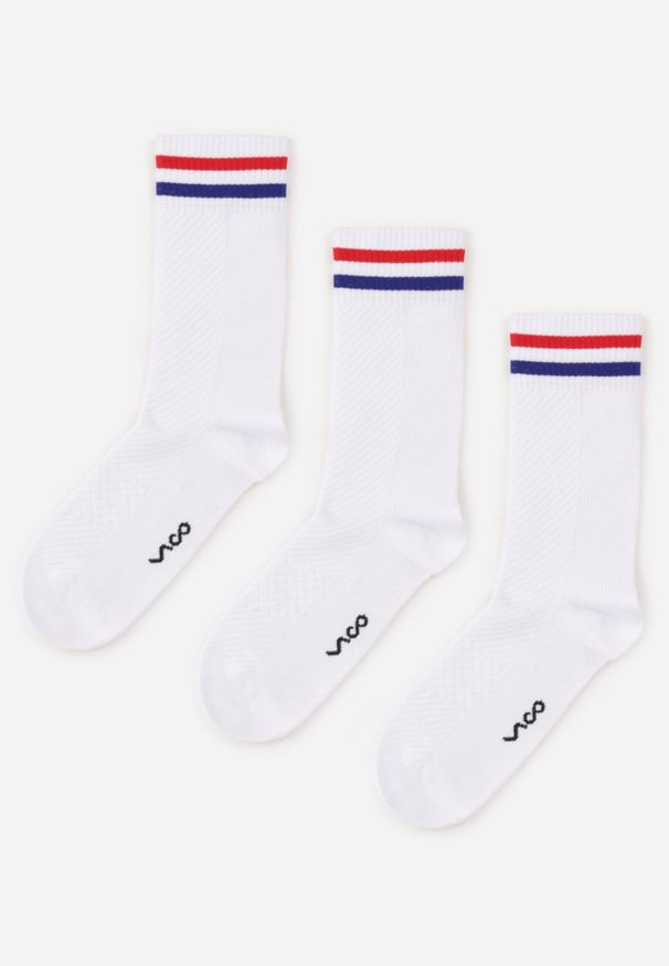 Born2be - Białe 3-Pack Skarpety Wysokie z Bawełny w Prążki Zdobione Paskami Ansson. Kolor: biały. Materiał: bawełna. Wzór: aplikacja, prążki