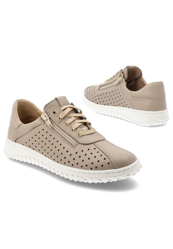 Półbuty damskie Wasak, ze skóry naturalnej licowej ażurowa cholewka zamek i sznurowanie lekka podeszwa, beżowe, 0812. Okazja: na co dzień. Zapięcie: sznurówki. Kolor: beżowy. Materiał: skóra. Szerokość cholewki: normalna. Wzór: ażurowy. Styl: elegancki, klasyczny, casual