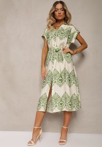 Renee - Zielono-Beżowa Sukienka Boho na Guziki z Wiskozą Ozdobiona Paskiem Mosofia. Okazja: na co dzień. Kolor: zielony. Materiał: wiskoza. Wzór: aplikacja. Sezon: lato. Typ sukienki: proste. Styl: boho