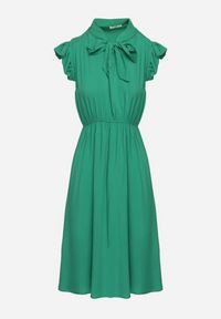 Born2be - Ciemnozielona Rozkloszowana Sukienka z Wiązanym Dekoltem i Gumką w Pasie Ozdobiona Falbanką Dimonima. Kolor: zielony. Wzór: aplikacja. Typ sukienki: rozkloszowane. Styl: retro, elegancki #4