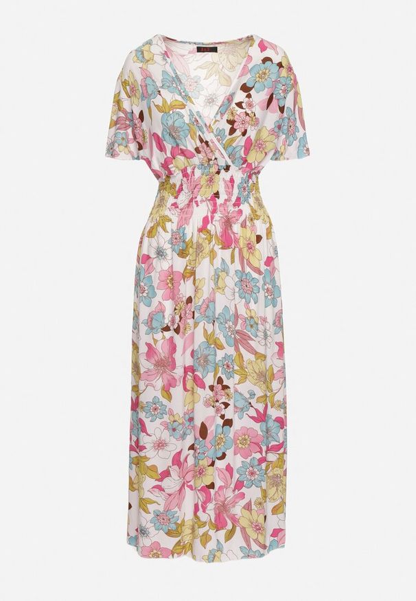 Born2be - Biało-Różowa Sukienka w Kwiaty z Kopertowym Dekoltem i Gumkami w Pasie Lomanda. Okazja: na spacer, na co dzień. Typ kołnierza: dekolt kopertowy. Kolor: biały. Wzór: kwiaty. Sezon: lato. Typ sukienki: kopertowe. Styl: elegancki, casual, klasyczny. Długość: midi