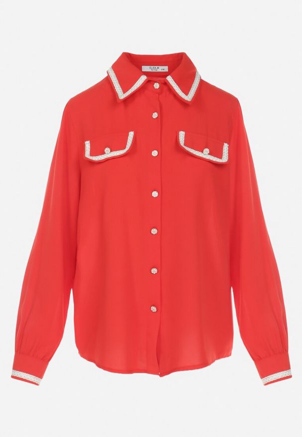Born2be - Czerwona Koszula z Biżuteryjnymi Guzikami i Eleganckimi Lamówkami Athehir. Kolor: czerwony. Styl: elegancki