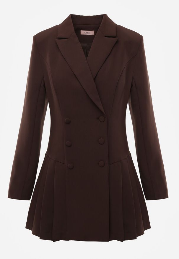 Renee - Brązowa Rozkloszowana Sukienka Marynarka VICES z Usztywnianymi Ramionami Ilarita. Okazja: na spotkanie biznesowe, do pracy. Kolor: brązowy. Styl: biznesowy