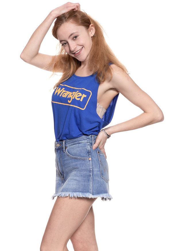 Wrangler - WRANGLER T SHIRT DAMSKI B&Y KABEL TANK NAUTICAL BLUE W726LF7V2 112130931. Długość rękawa: na ramiączkach. Wzór: nadruk