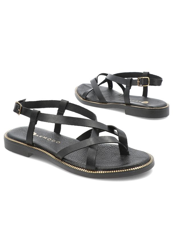 Czarne Sandały Armodo Modne Obuwie Damskie. Okazja: na co dzień. Kolor: czarny. Materiał: skóra. Wzór: paski. Sezon: lato. Obcas: na płaskiej podeszwie. Styl: casual, klasyczny, elegancki