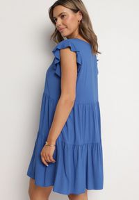 Born2be - Niebieska Rozkloszowana Sukienka z Bawełny Ozdobiona Falbankami Natiriane. Okazja: na co dzień. Typ kołnierza: kołnierz z falbankami. Kolor: niebieski. Materiał: bawełna. Wzór: aplikacja. Sezon: wiosna, lato. Styl: elegancki, casual #2