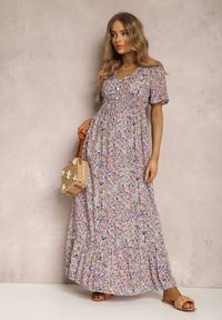 Renee - Fioletowo-Granatowa Sukienka Amarhiolea. Kolor: fioletowy. Długość rękawa: krótki rękaw. Wzór: kwiaty, aplikacja. Styl: klasyczny. Długość: maxi