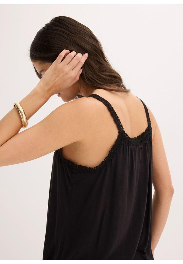bonprix - Top z lejącej wiskozy. Kolor: czarny. Materiał: wiskoza, koronka. Długość rękawa: na ramiączkach
