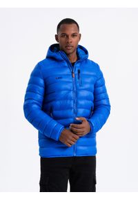 Ombre Clothing - Kurtka męska pikowana z kapturem - niebieska V1 - Rozmiar: S. Typ kołnierza: kaptur. Kolor: niebieski. Materiał: nylon, poliester. Wzór: nadruk #1