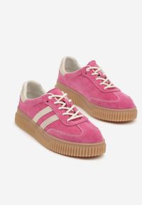 Born2be - Fuksjowe Skórzane Sneakersy Klasyczne Tenisówki z Zamszu Naturalnego Teniresela. Okazja: na co dzień. Kolor: różowy. Materiał: zamsz, skóra #4