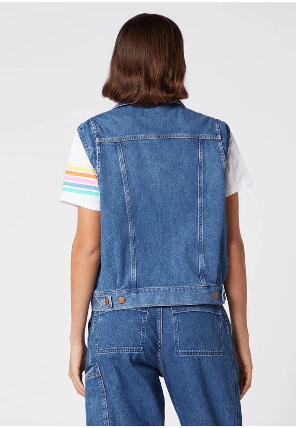 Wrangler - WRANGLER SUMMER VEST DAMSKA KAMIZELKA JEANSOWA BEZRĘKAWNIK BORA BLUE W430Q318F 112128835. Materiał: jeans. Długość rękawa: bez rękawów