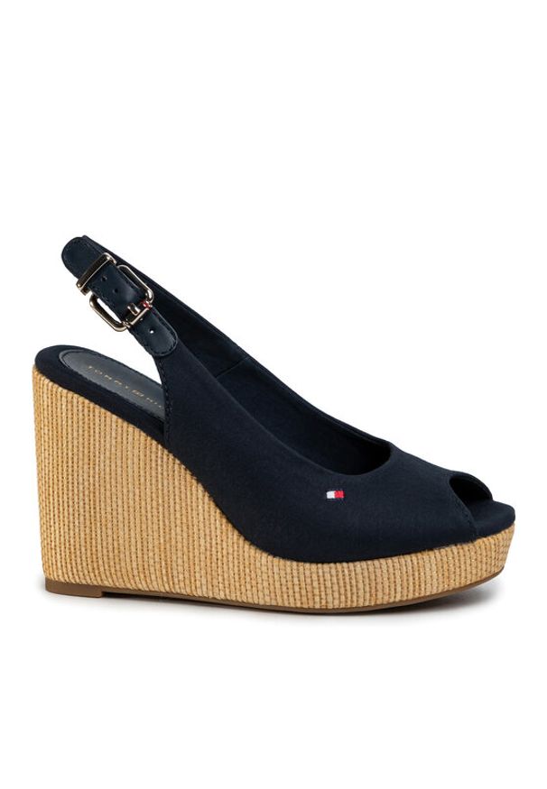 TOMMY HILFIGER - Tommy Hilfiger Sandały Iconic Elena Sling Back Wedge FW0FW04789 Granatowy. Kolor: niebieski. Materiał: materiał