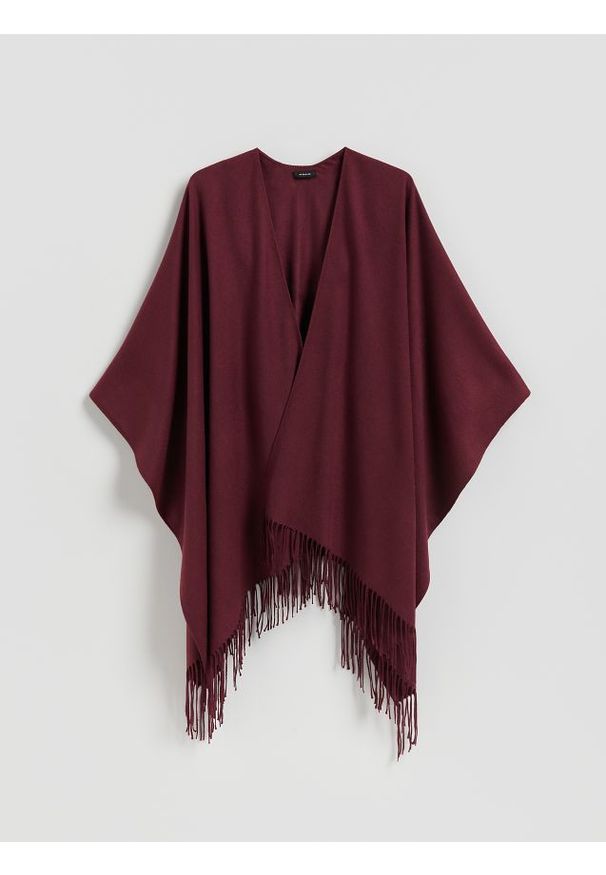 Reserved - Poncho z frędzlami - burgundowy. Kolor: czerwony. Materiał: wiskoza, tkanina