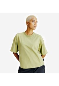 Decathlon - Koszulka Crop damska. Kolor: zielony, beżowy. Materiał: materiał, elastan, bawełna. Długość: krótkie