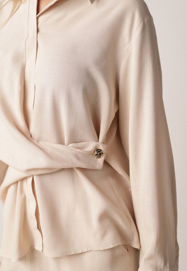 Born2be - Beżowy Wiskozowy Komplet Asymetryczna Koszula i Spodnie z Kieszeniami Moneia. Kolor: beżowy. Materiał: wiskoza