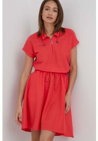 Emporio Armani sukienka kolor czerwony mini rozkloszowana. Kolor: czerwony. Materiał: tkanina. Długość rękawa: krótki rękaw. Wzór: gładki. Typ sukienki: rozkloszowane. Długość: mini #4