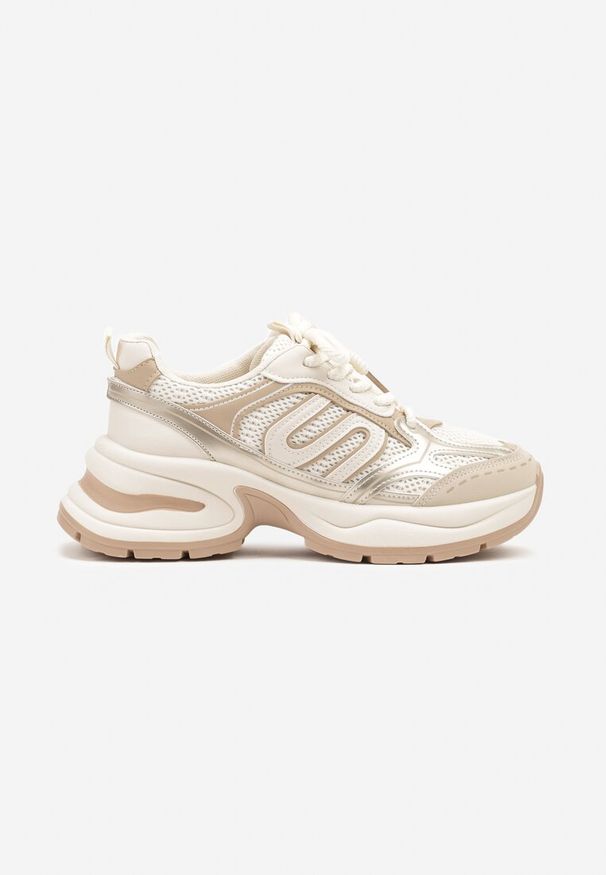 Renee - Beżowe Sneakersy na Platformie z Tłoczeniem z Geometrycznym Motywem Delothiel. Okazja: na co dzień. Kolor: beżowy. Materiał: jeans. Wzór: geometria. Obcas: na platformie