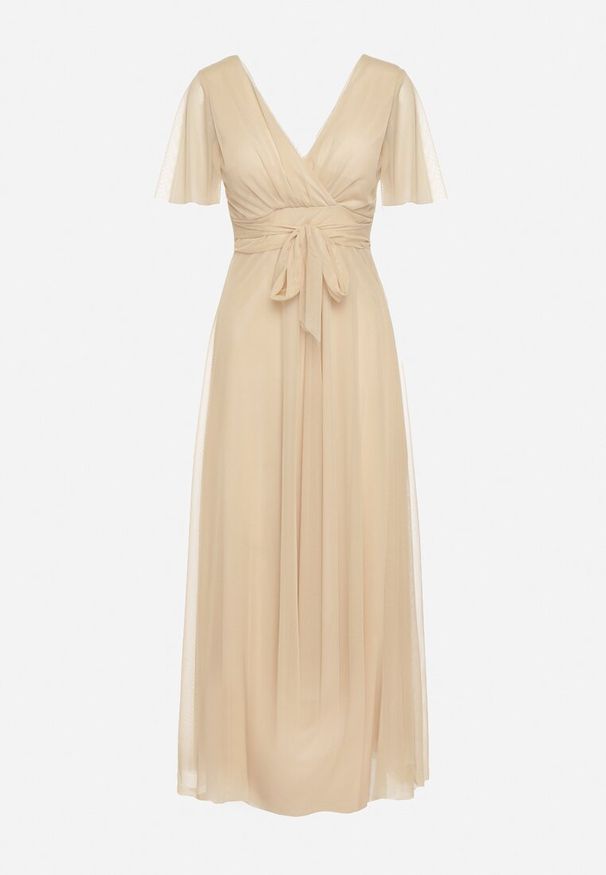 Born2be - Beżowa Kopertowa Rozkloszowana Sukienka z Wiązaniem w Talii Kolea. Okazja: na wesele, na ślub cywilny, na studniówkę, na imprezę. Typ kołnierza: dekolt w kształcie V. Kolor: beżowy. Długość rękawa: krótki rękaw. Typ sukienki: kopertowe. Styl: klasyczny, elegancki