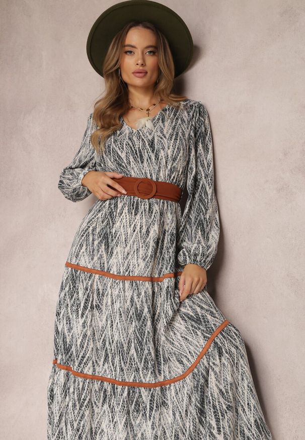 Renee - Szara Sukienka z Gumką w Pasie Nossi. Typ kołnierza: dekolt w kształcie V. Kolor: szary. Materiał: materiał, tkanina. Styl: boho. Długość: maxi