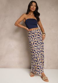 Renee - Granatowo-Beżowa Rozkloszowana Spódnica z Wiskozy High Waist Fevanice. Okazja: na co dzień. Stan: podwyższony. Kolor: niebieski. Materiał: wiskoza. Styl: elegancki, casual