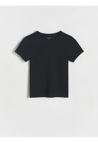 Reserved - Bawełniany t-shirt w prążki - czarny. Kolor: czarny. Materiał: bawełna. Wzór: prążki