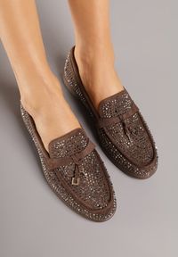 Renee - Brązowe Mokasyny z Cyrkoniami i Ozdobami Distantsteam. Okazja: na co dzień. Kolor: brązowy. Materiał: jeans. Wzór: aplikacja. Styl: glamour, casual #3