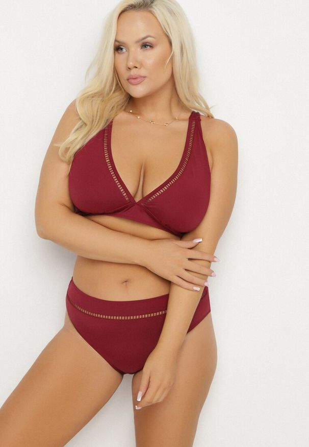 Born2be - Bordowe Bikini Biustonosz i Majtki Typu Figi z Ażurowym Wzorem Lunella. Kolor: czerwony. Wzór: ażurowy