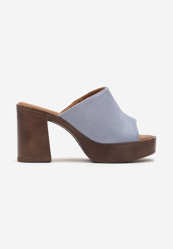 Renee - Niebieskie Klapki z Szerokim Paskiem na Słupku w Stylu Drewniaków Sabirah. Kolor: niebieski. Obcas: na słupku. Styl: boho