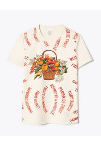 Tory Burch - TORY BURCH - Bawełniany t-shirt z motywem owoców. Kolor: beżowy. Materiał: bawełna. Wzór: napisy, nadruk. Sezon: lato. Styl: elegancki, klasyczny