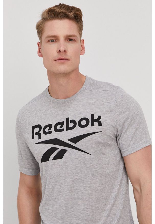 Reebok - T-shirt. Okazja: na co dzień. Kolor: szary. Materiał: skóra. Wzór: nadruk. Styl: casual