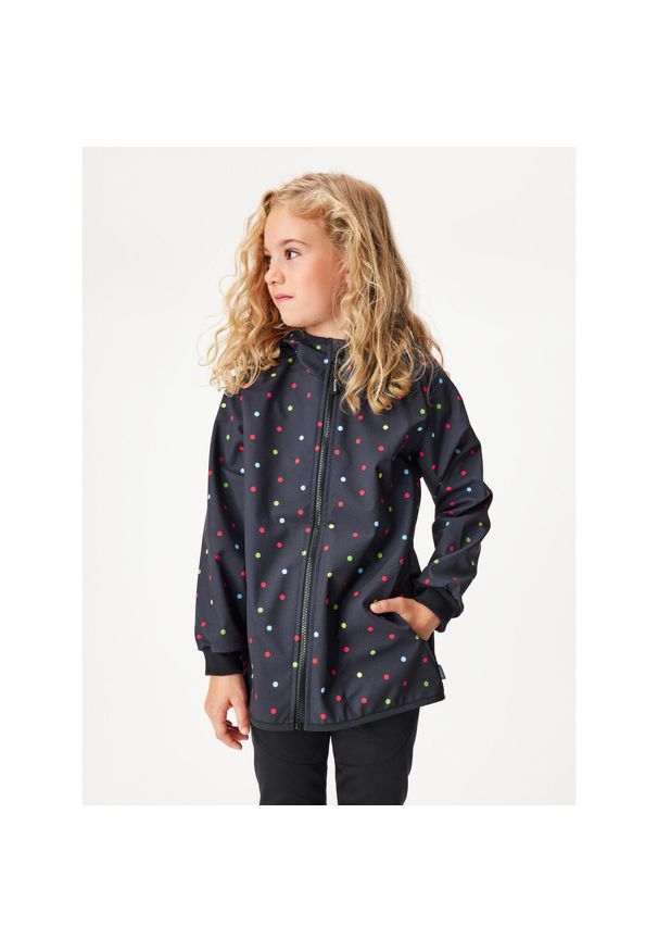 UNUO - Kurtka softshellowa dziecięca bez ocieplenia elastyczna Basic, czarna, w kropki. Kolor: czarny. Materiał: softshell. Wzór: kropki. Sezon: lato, jesień, wiosna