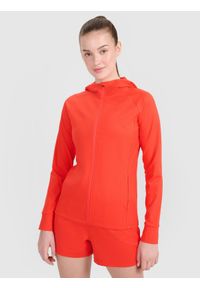 4f - 4F Bluza treningowa regular szybkoschnąca damska - czerwona S. Okazja: na co dzień. Typ kołnierza: kaptur. Kolor: czerwony. Materiał: materiał, elastan, syntetyk, włókno, dzianina. Długość rękawa: raglanowy rękaw. Wzór: jednolity, gładki, ze splotem. Styl: casual, sportowy. Sport: fitness #1