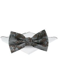 Męska Mucha w Komplecie z Poszetką - Chattier - Popiel, Brązowe Kwiaty. Kolor: brązowy. Wzór: kwiaty. Styl: sportowy, elegancki #1